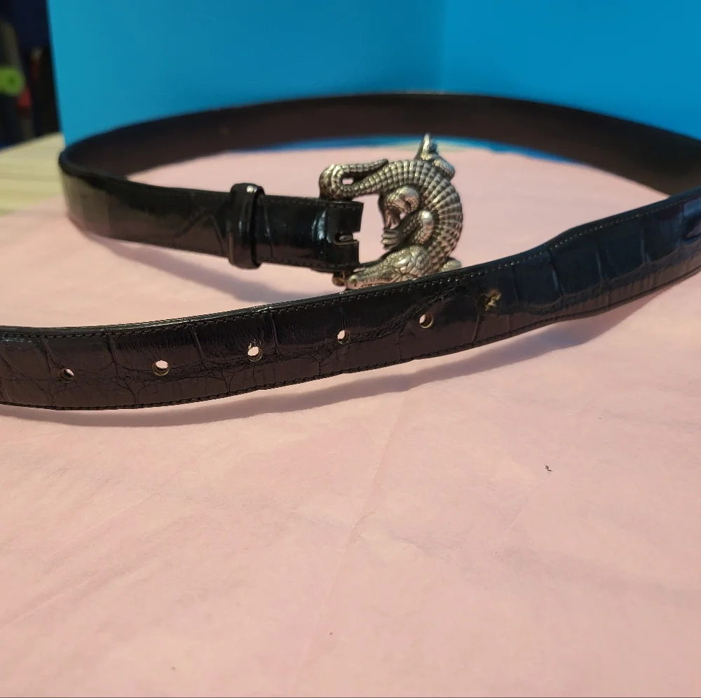 RARE! Barry Kieselstein-Cord Art SS Alligator Buckle & Belt Black Sz 38 Unisex